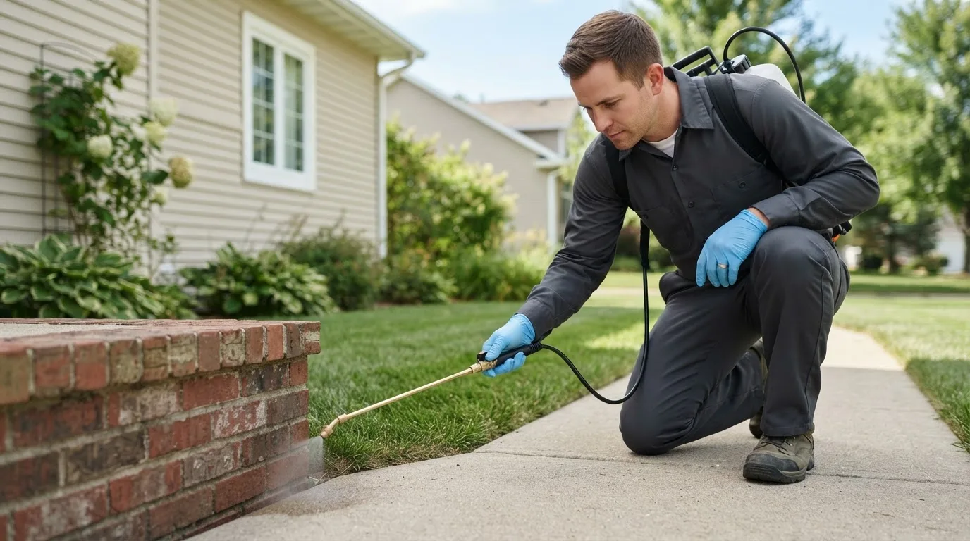 Pest control technician treating a home near Claymont, DE